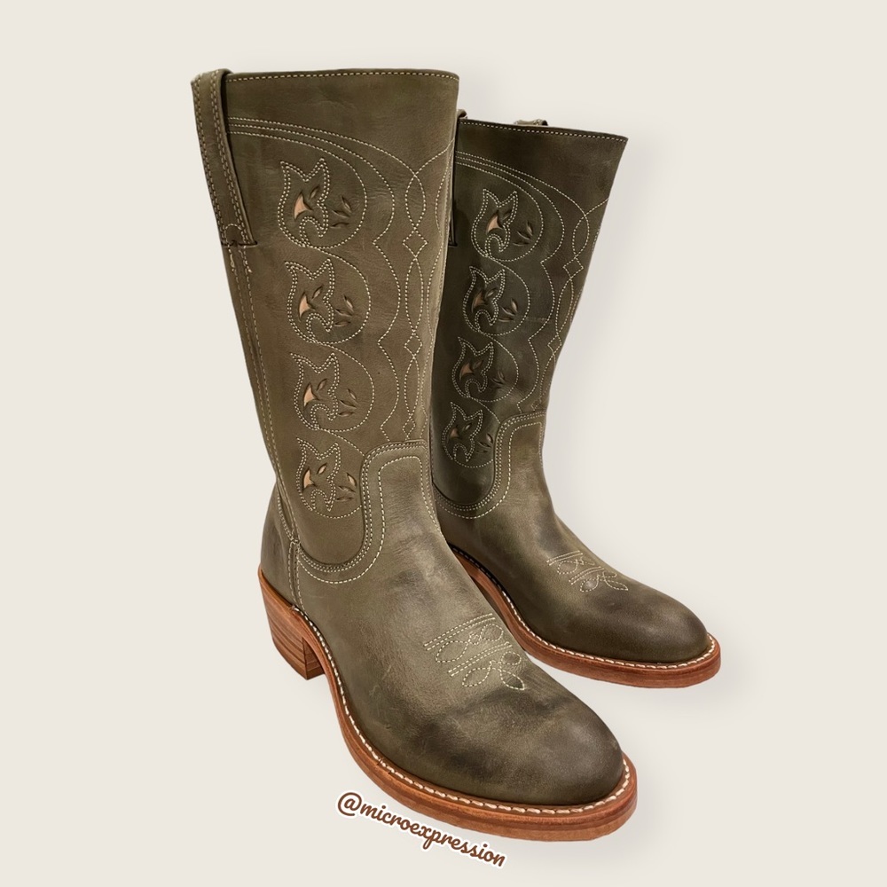 VINTAGE 1980 Frye Austin Sage Green Real Leather Floral Embroidered Cowboy Boot - Picture 2 of 14